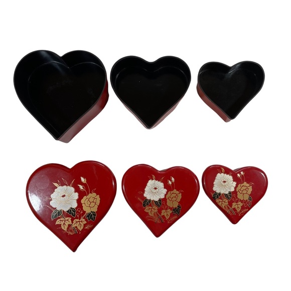 Vintage Heart Shaped Nesting Box Set Red Floral Midcentury 3 Boxes Mid Century